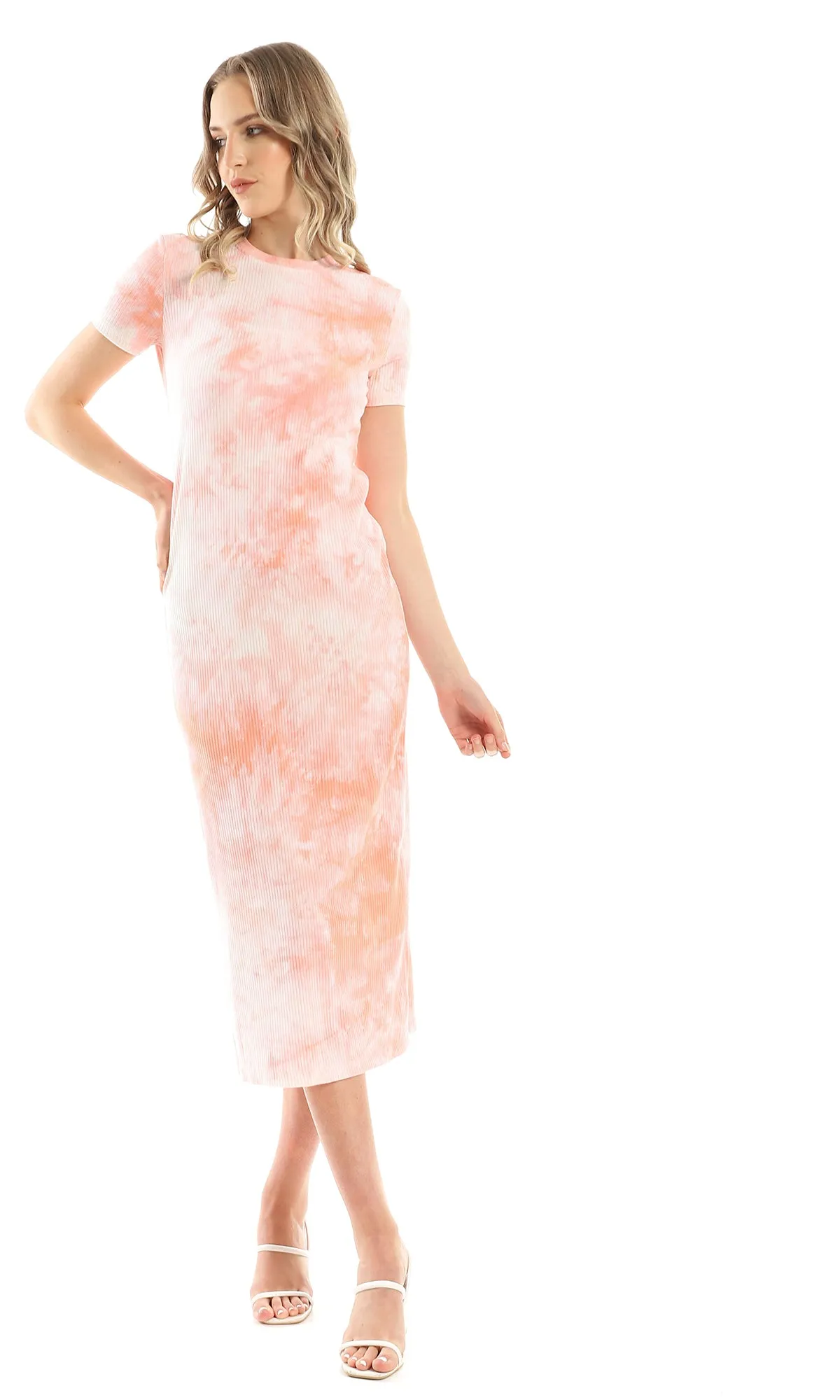 97255 Tie Dye Peach Slip On Short Sleeves Dress