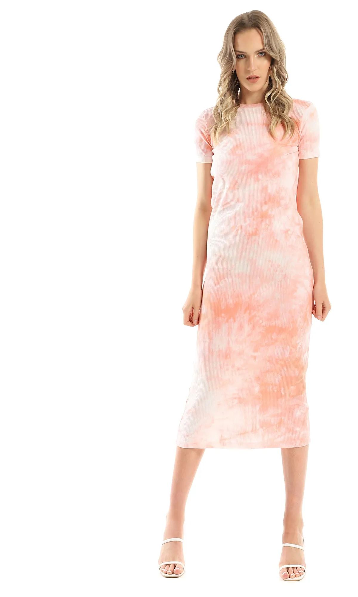 97255 Tie Dye Peach Slip On Short Sleeves Dress