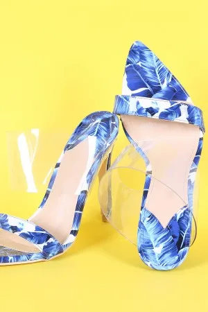 Banana Leaf Print Transparent Band Pointed Open Toe Stiletto Mule Heel