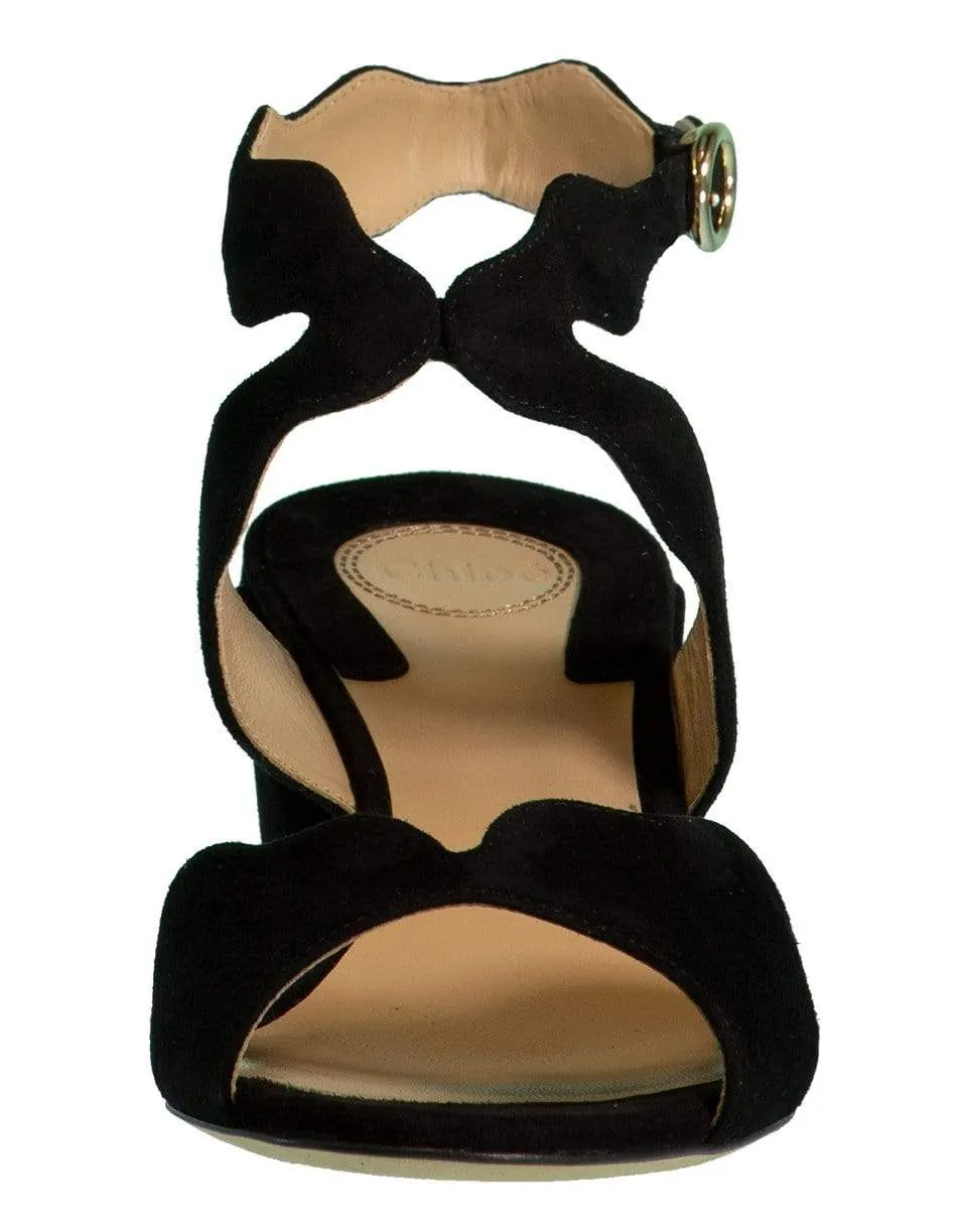 Black Scallop Chunky Heel Sandal