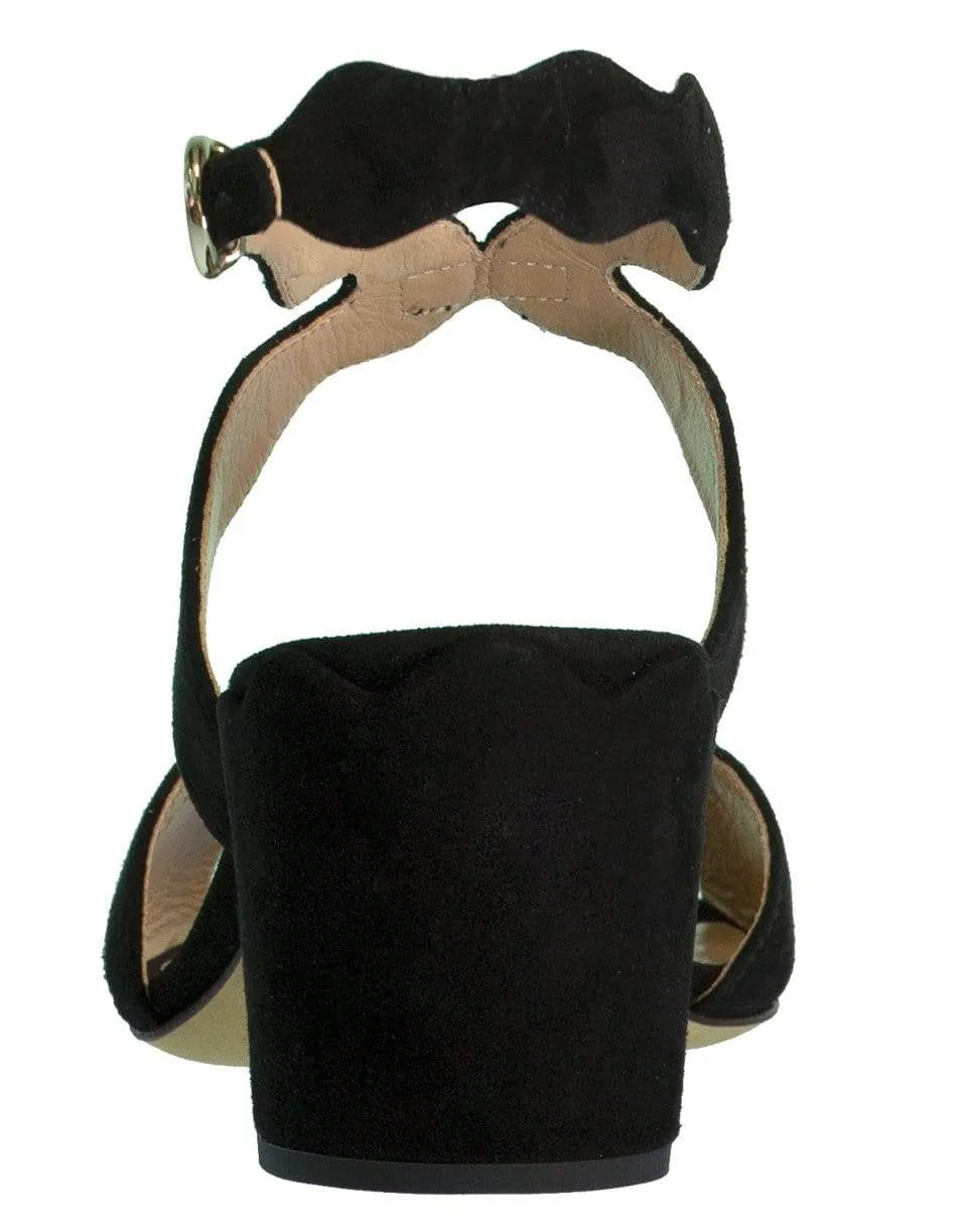 Black Scallop Chunky Heel Sandal