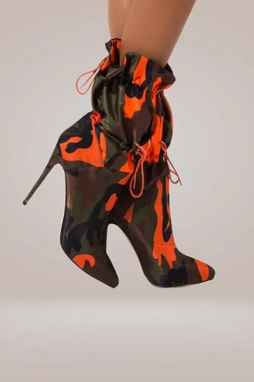 Camo Orange High Heel Ankle Boots