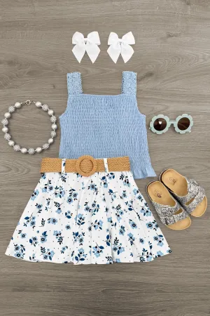 Dusty Blue Floral Skirt Set