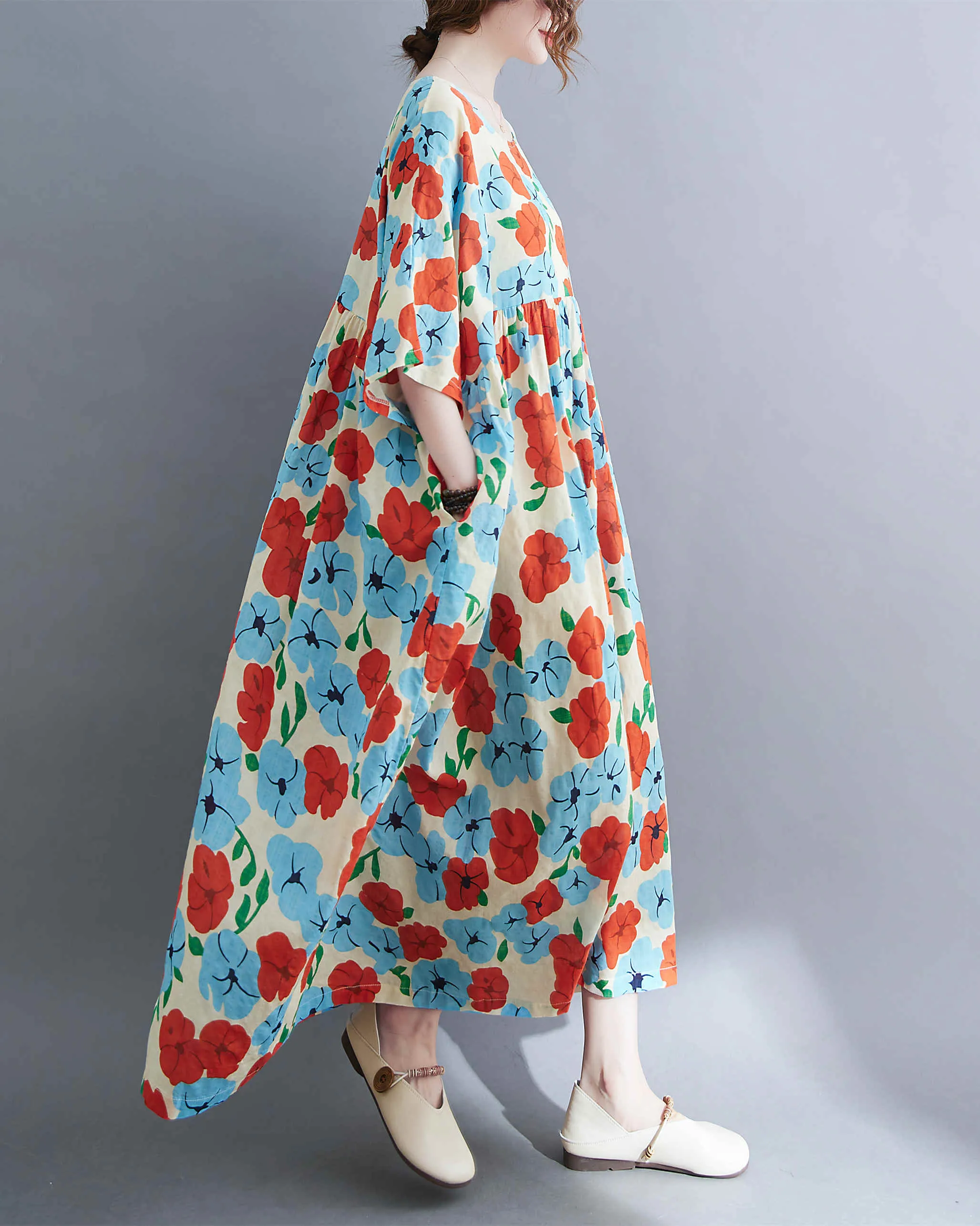 ellazhu Women Casual Loose Midi Florals Print Short Sleeve Crewneck Dress GA2526