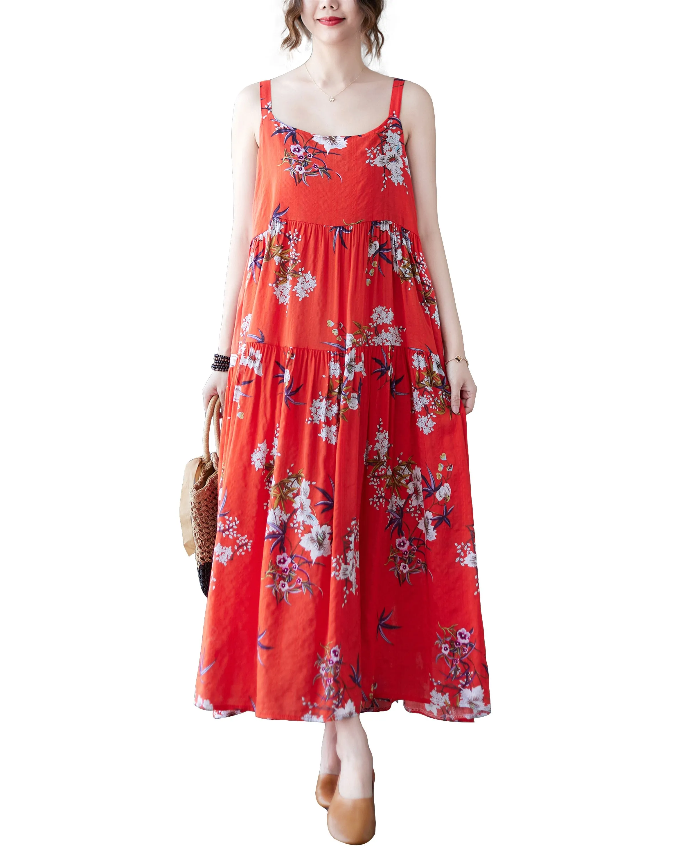 ellazhu Women Sleeveless Maxi Length Crewneck Patterns Casual Tank Dress GA2577