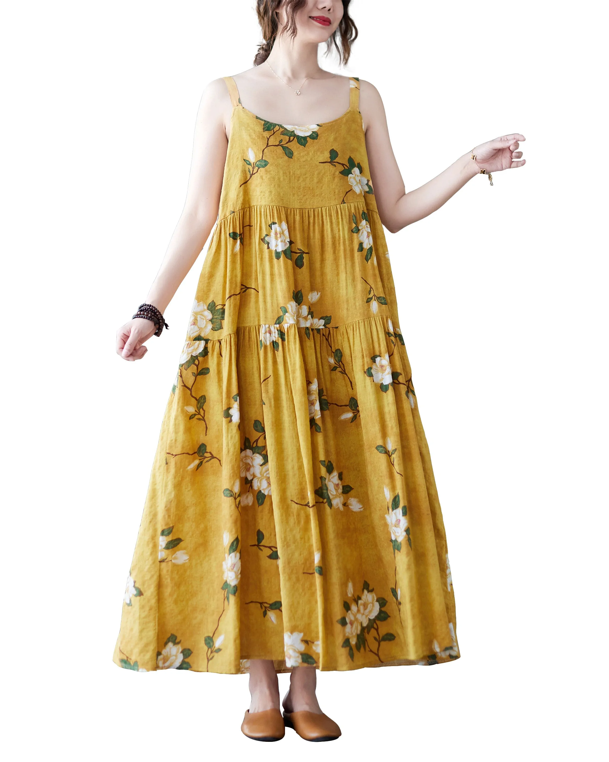 ellazhu Women Sleeveless Maxi Length Crewneck Patterns Casual Tank Dress GA2577