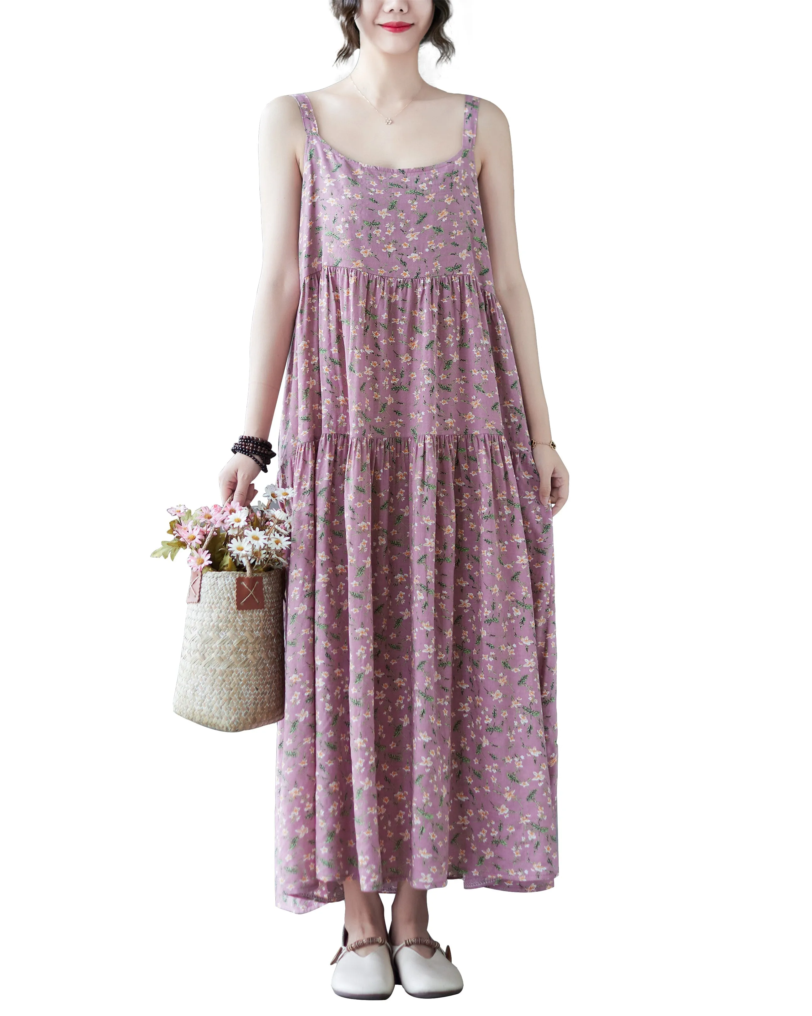 ellazhu Women Sleeveless Maxi Length Crewneck Patterns Casual Tank Dress GA2577