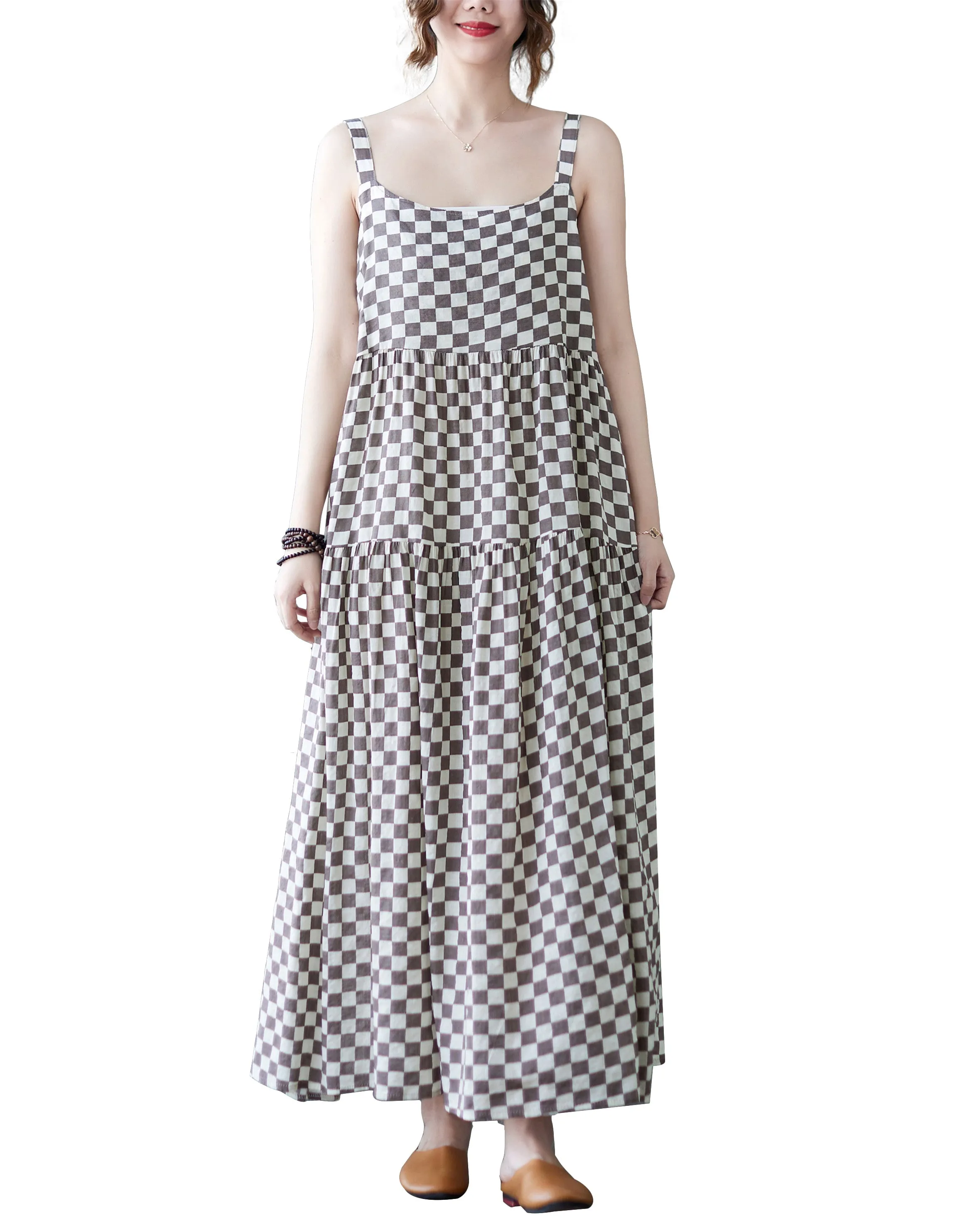 ellazhu Women Sleeveless Maxi Length Crewneck Patterns Casual Tank Dress GA2577