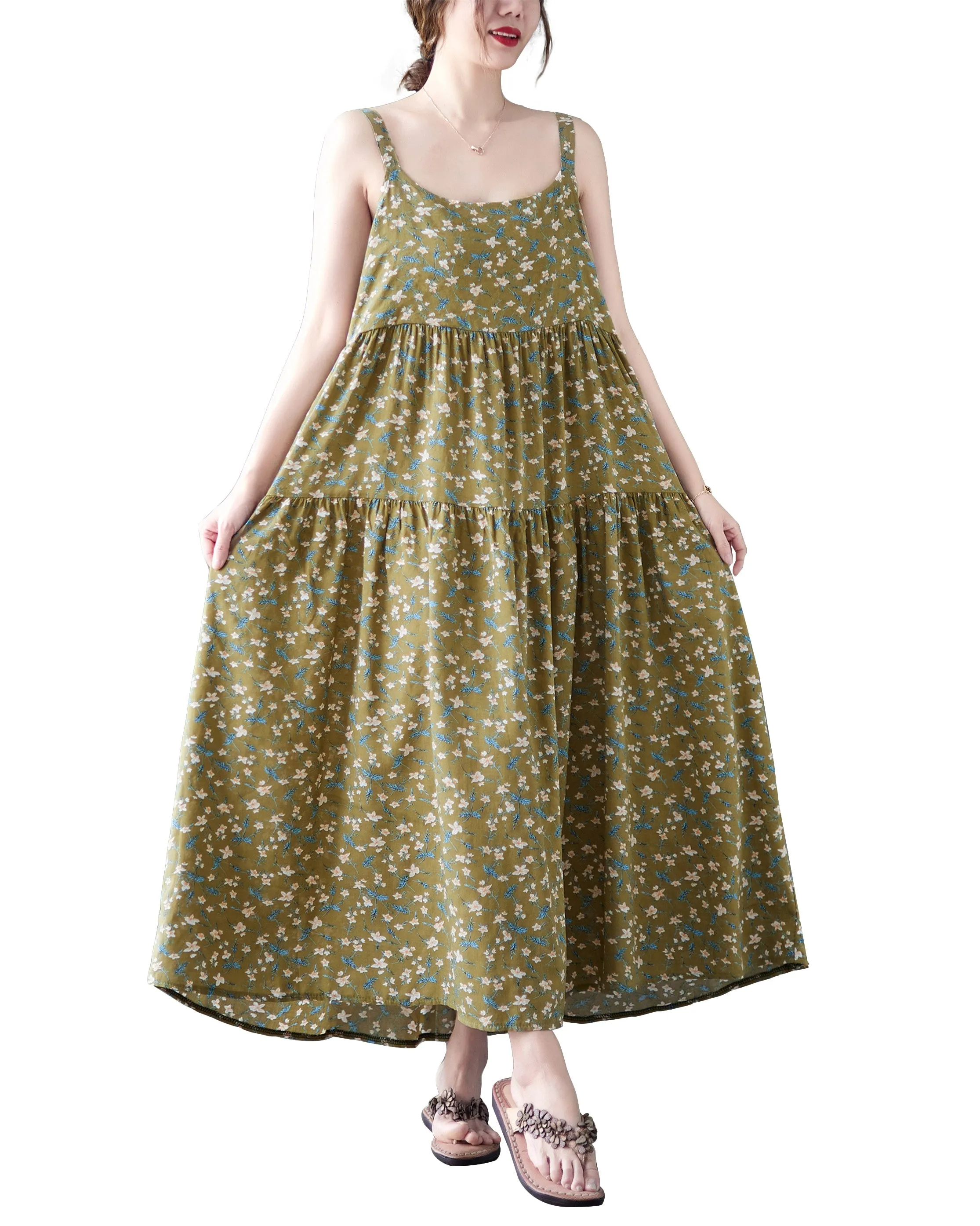 ellazhu Women Sleeveless Maxi Length Crewneck Patterns Casual Tank Dress GA2577