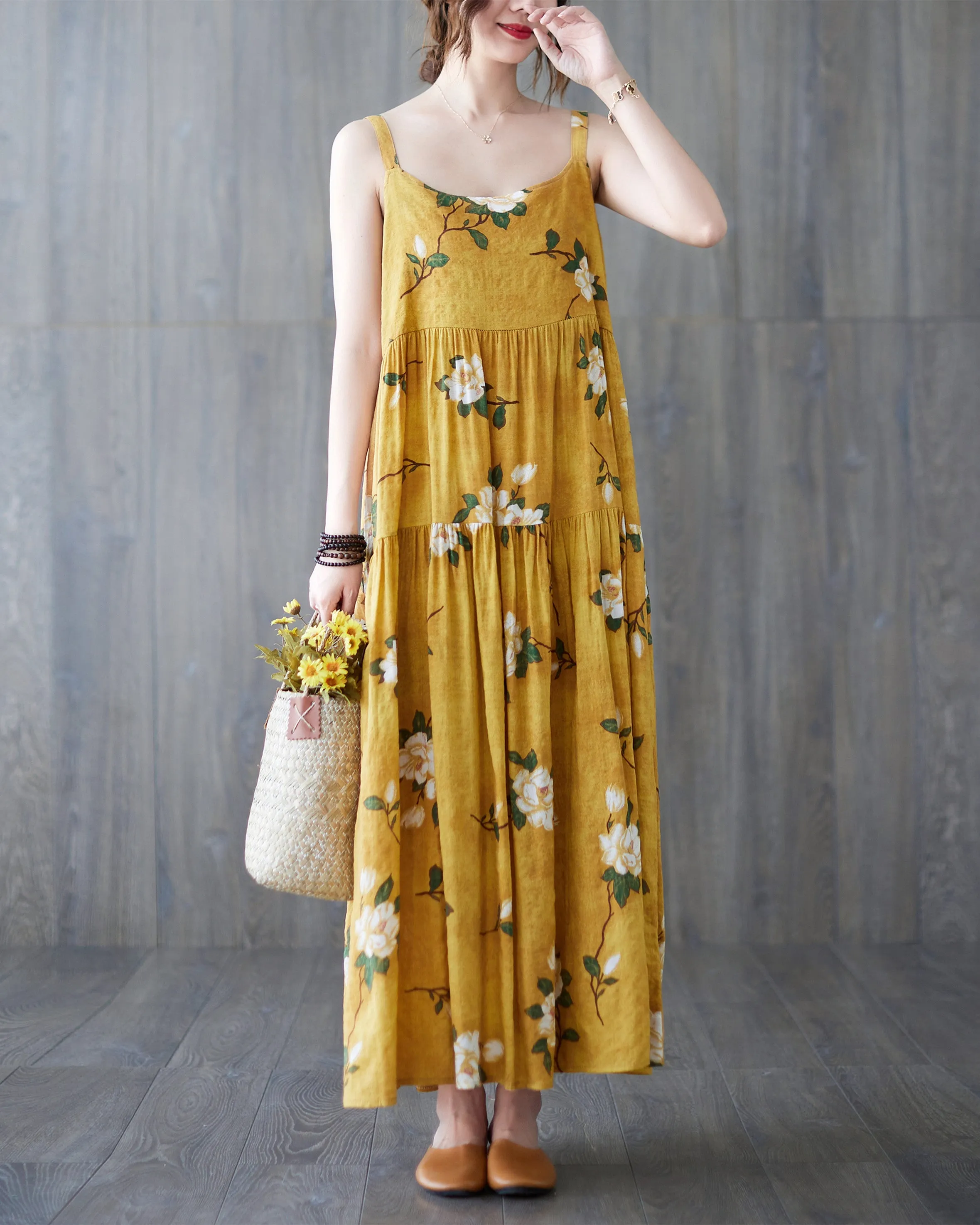 ellazhu Women Sleeveless Maxi Length Crewneck Patterns Casual Tank Dress GA2577