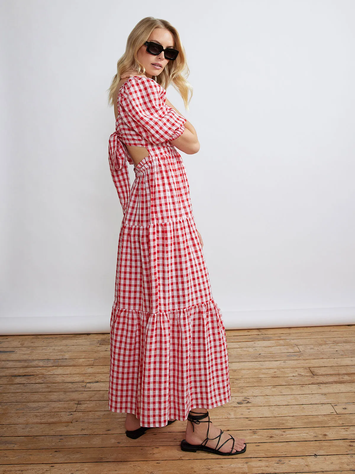 Gianna Tie Back Red Gingham Maxi Dress