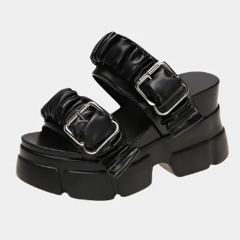 Joskaa 2024 New Black Chunky Women's Sandals Leather