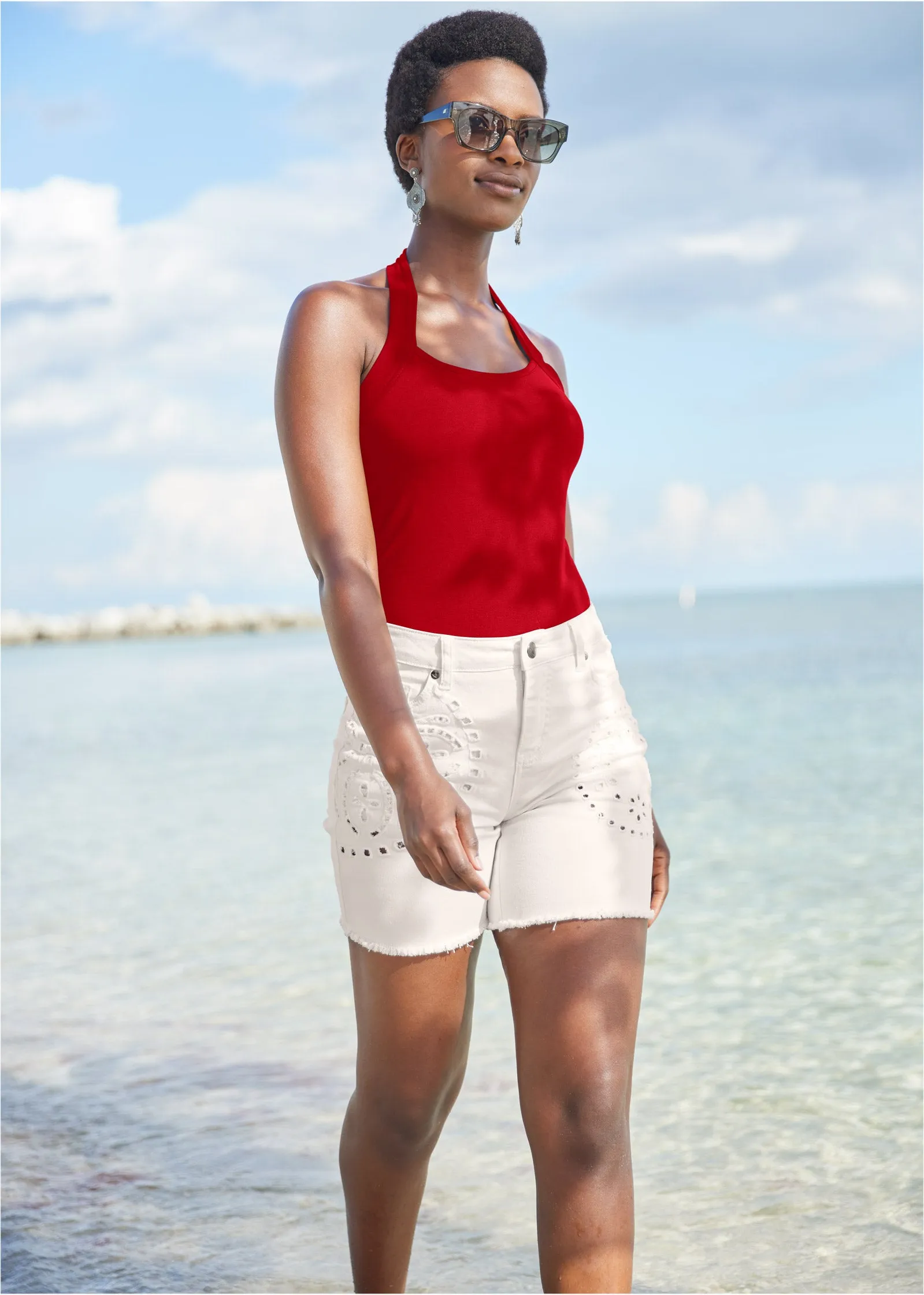 Laser Cut Jean Shorts - White Denim