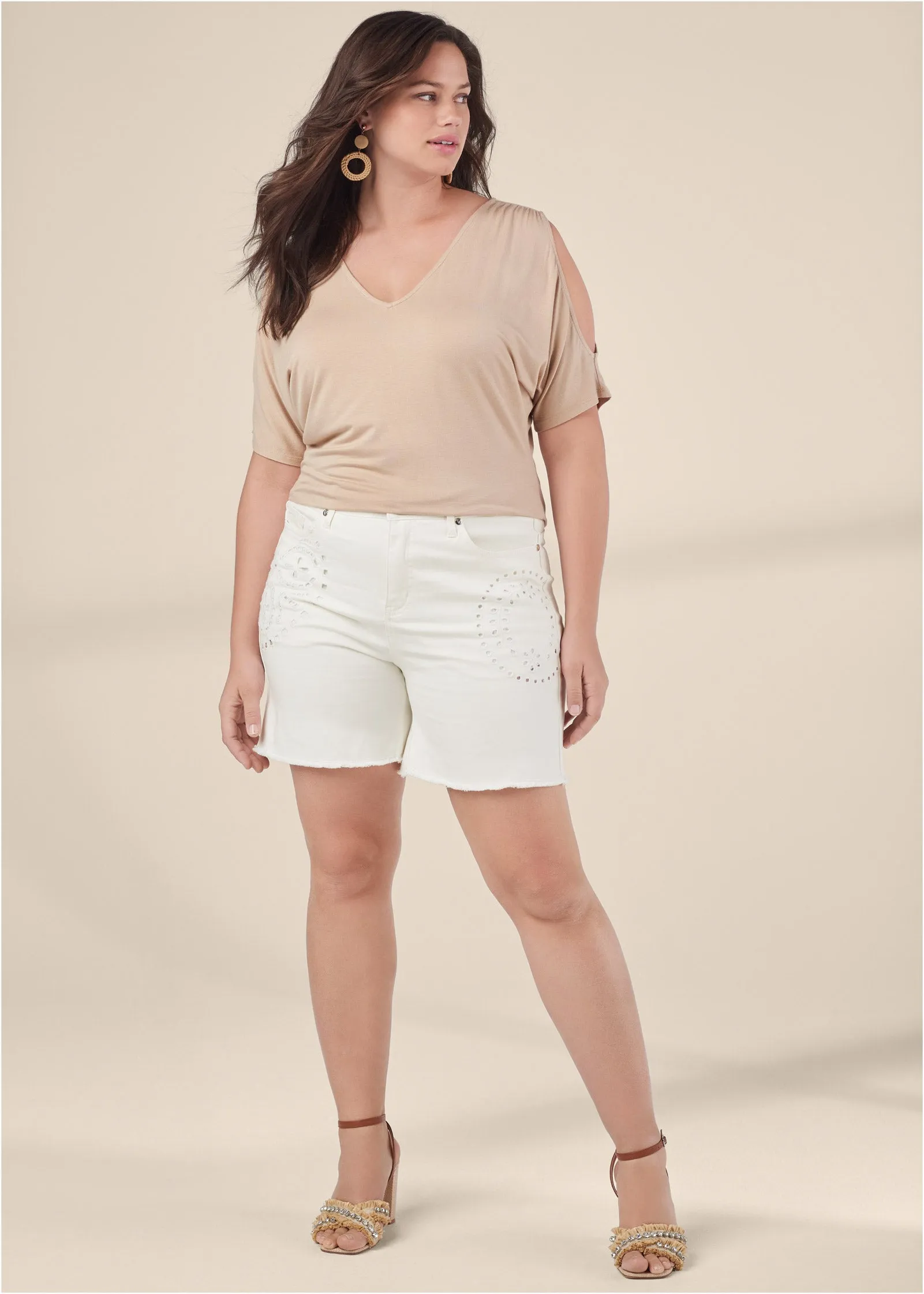 Laser Cut Jean Shorts - White Denim