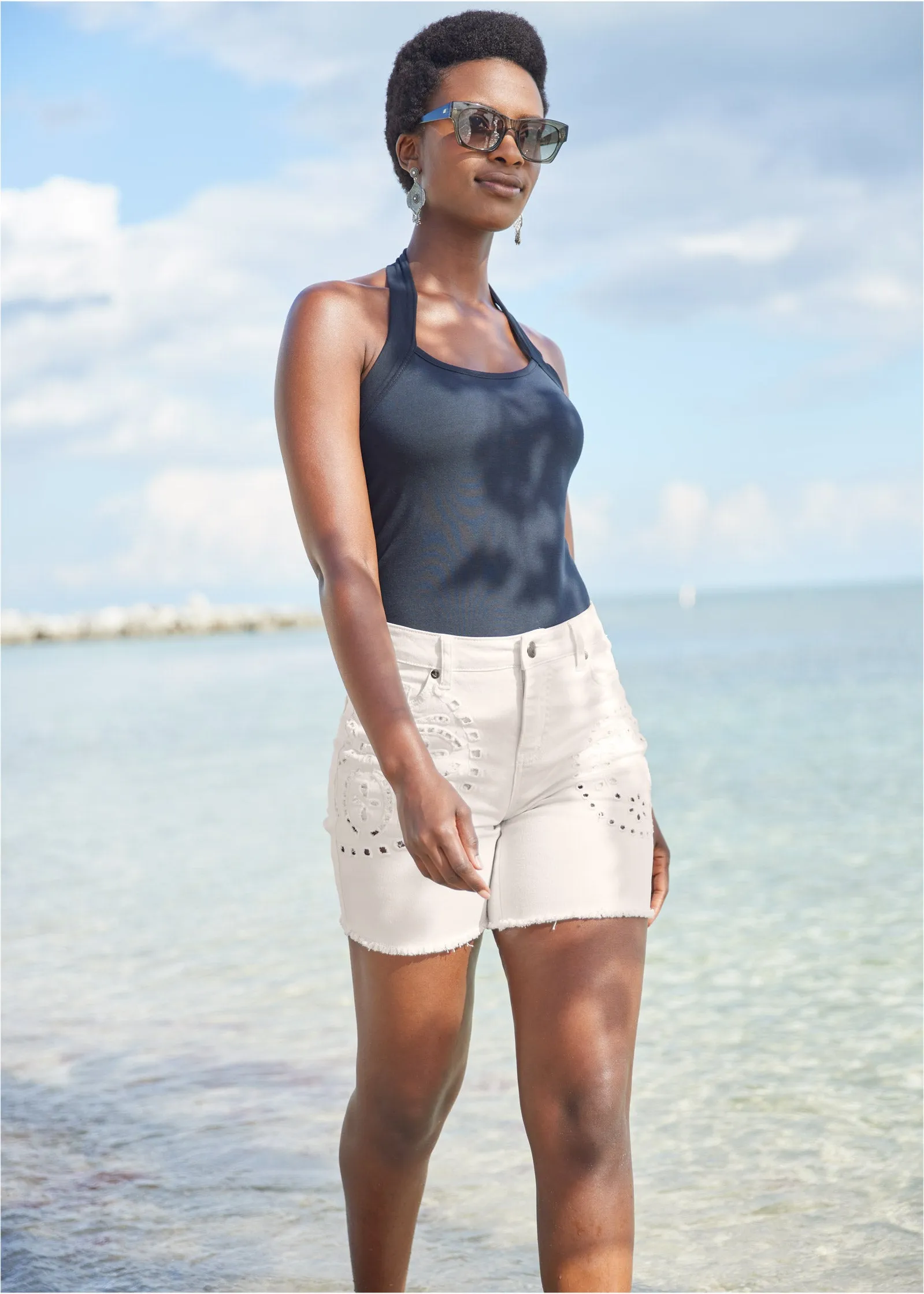 Laser Cut Jean Shorts - White Denim