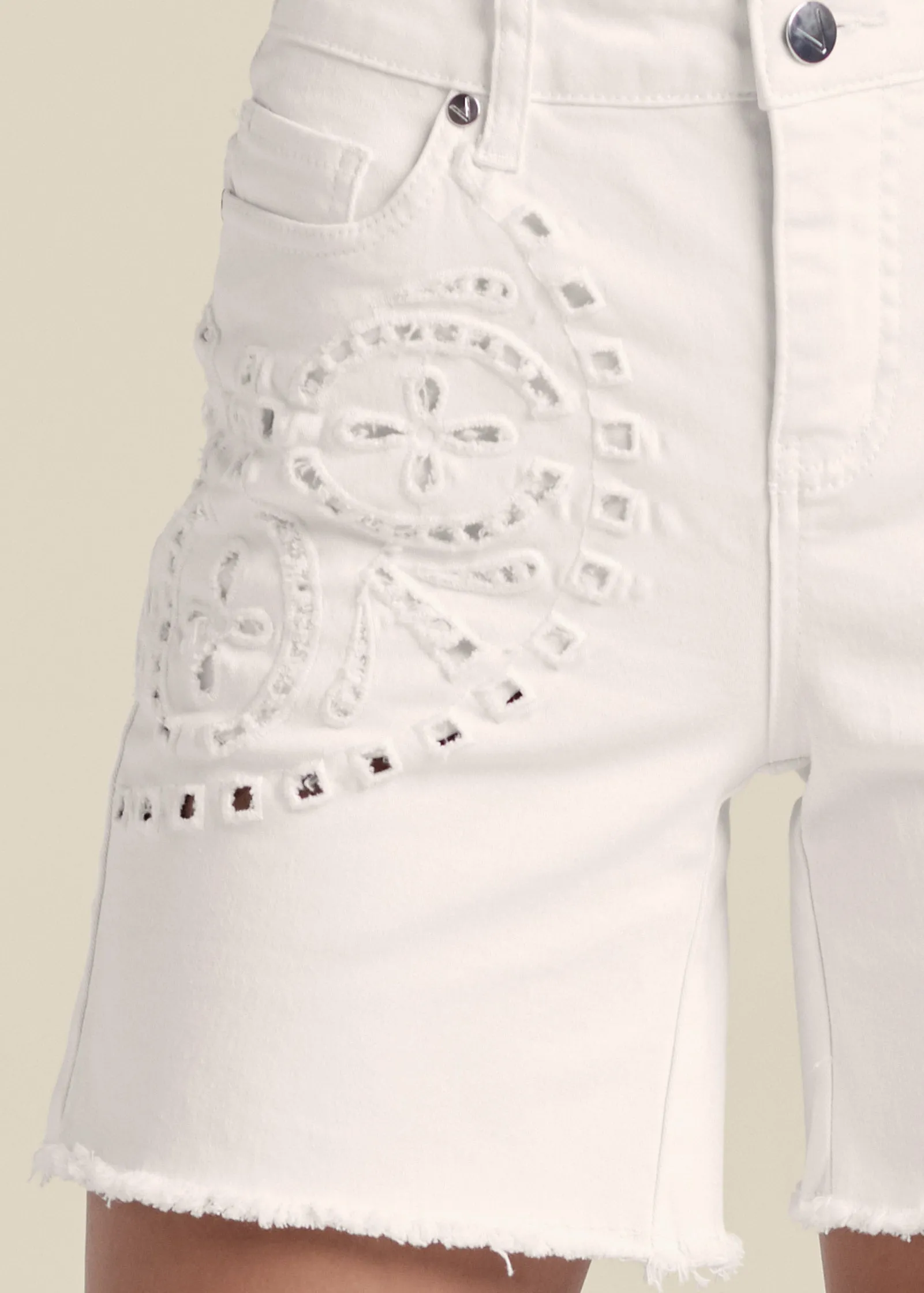Laser Cut Jean Shorts - White Denim