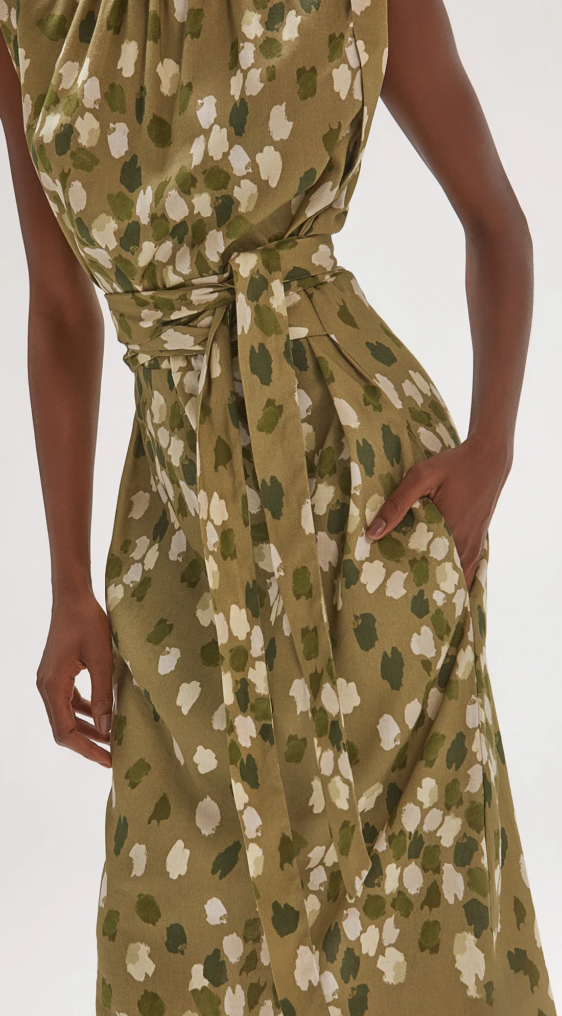 MIDI WITH ELASTICIZED NECKLINE AND BELTED WAIST