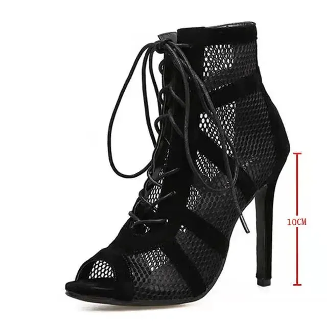 Nocturne Mesh Lace-Up Heels - Sexy High Heels Hollow Mesh Sandals Women Summer Cross-tied Peep Toe Heeled Sandals Ankle Strap Dance Shoes Black Net Sandals