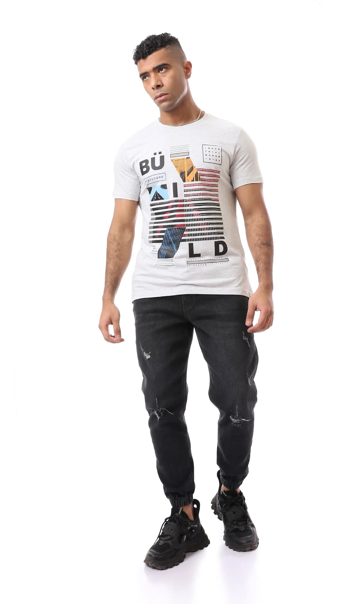 O163323 Graphics Pattern Slip On Heather Light Grey T-Shirt