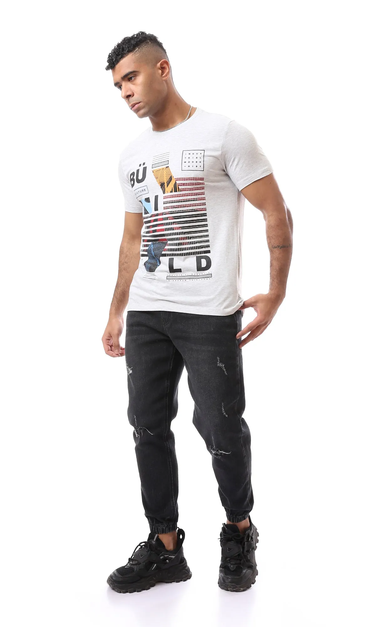 O163323 Graphics Pattern Slip On Heather Light Grey T-Shirt