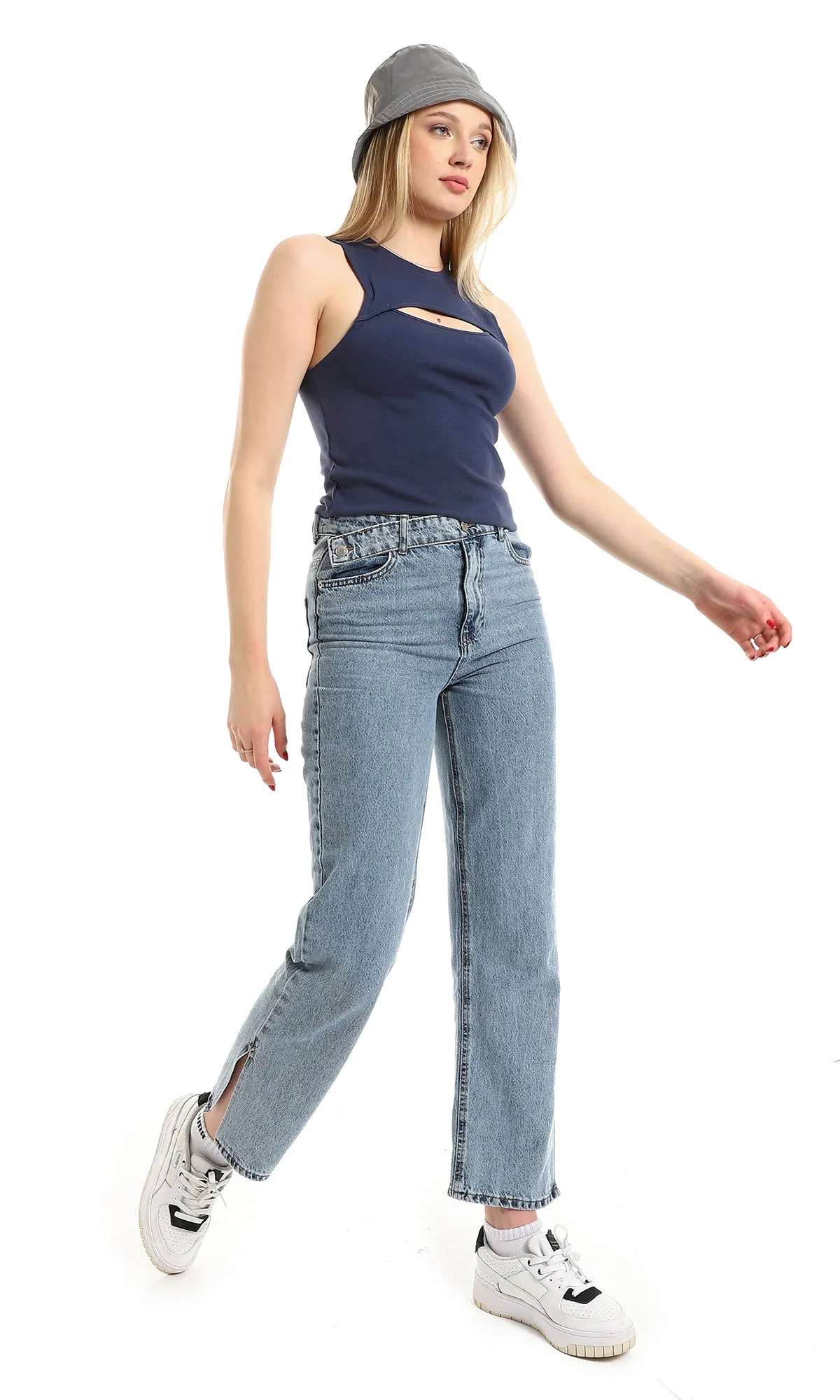O166366 Navy Blue Ribbed Sleeveless Key Hole Top