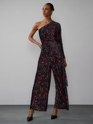 One Shoulder Ruched Velvet Floral Jumpsuit