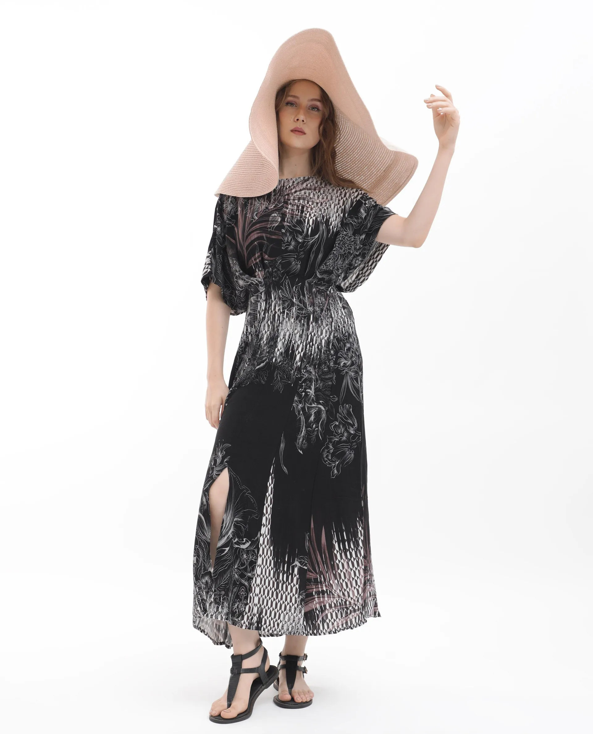 Rareism Women Rufus Black Polyester Fabric Short Sleeves Round Neck Relaxed Fit Abstract Print Midi Dress
