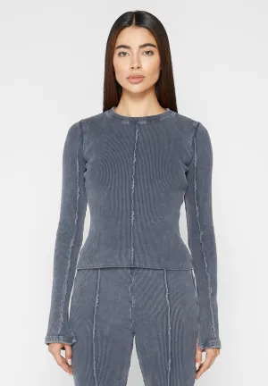 Ribbed Long Sleeve Top - Washed Blue