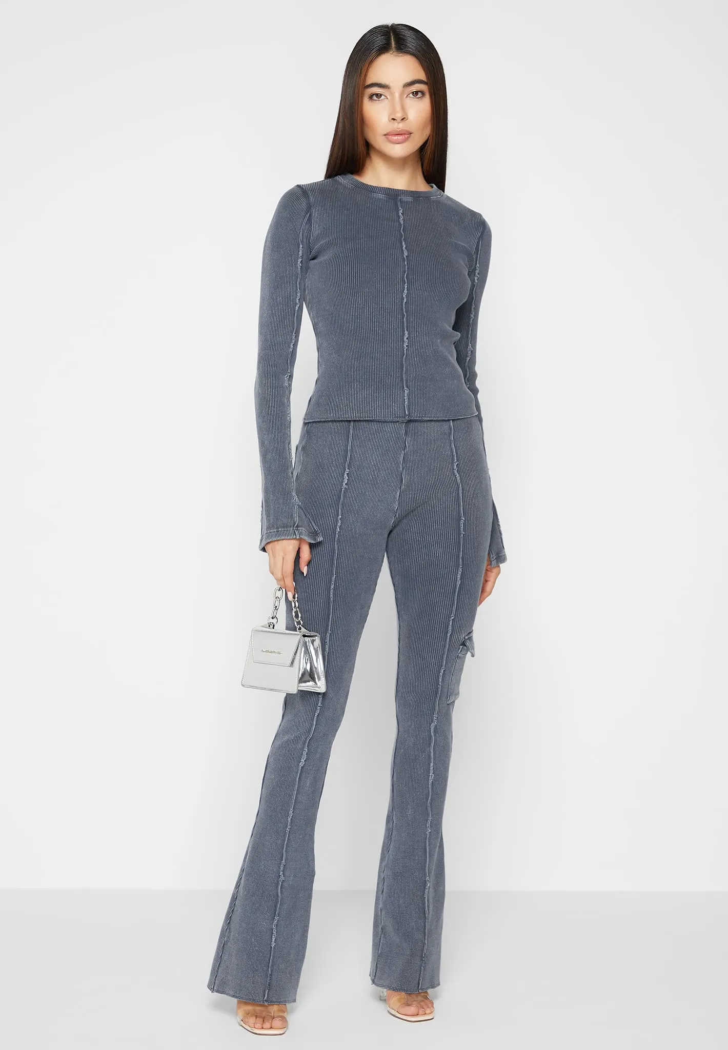 Ribbed Long Sleeve Top - Washed Blue