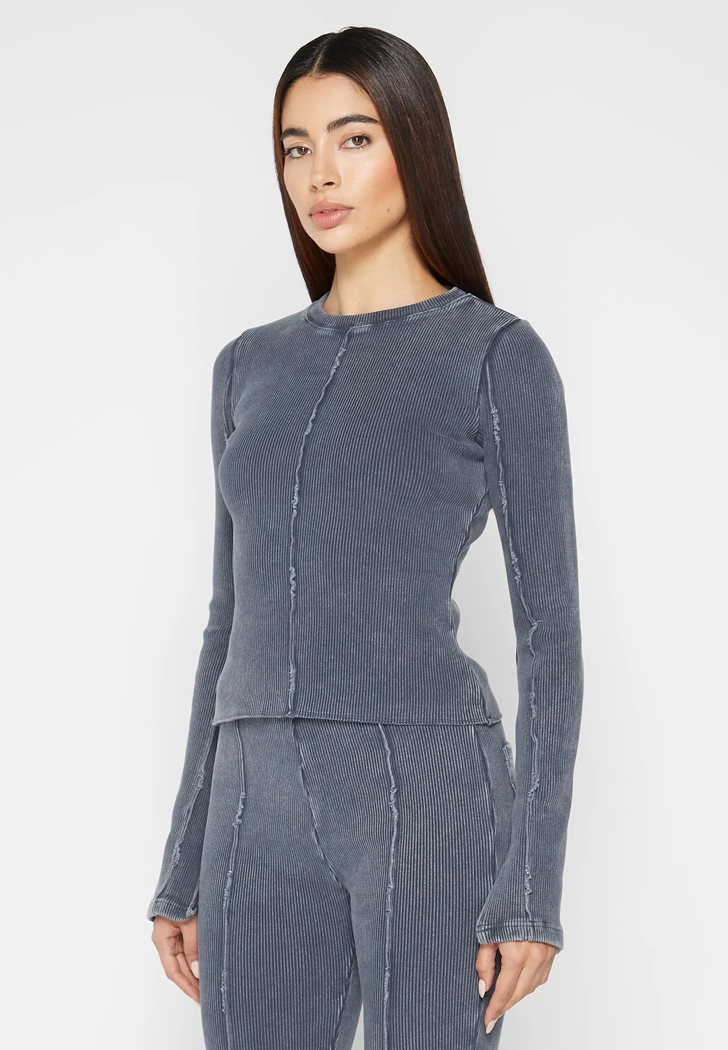 Ribbed Long Sleeve Top - Washed Blue