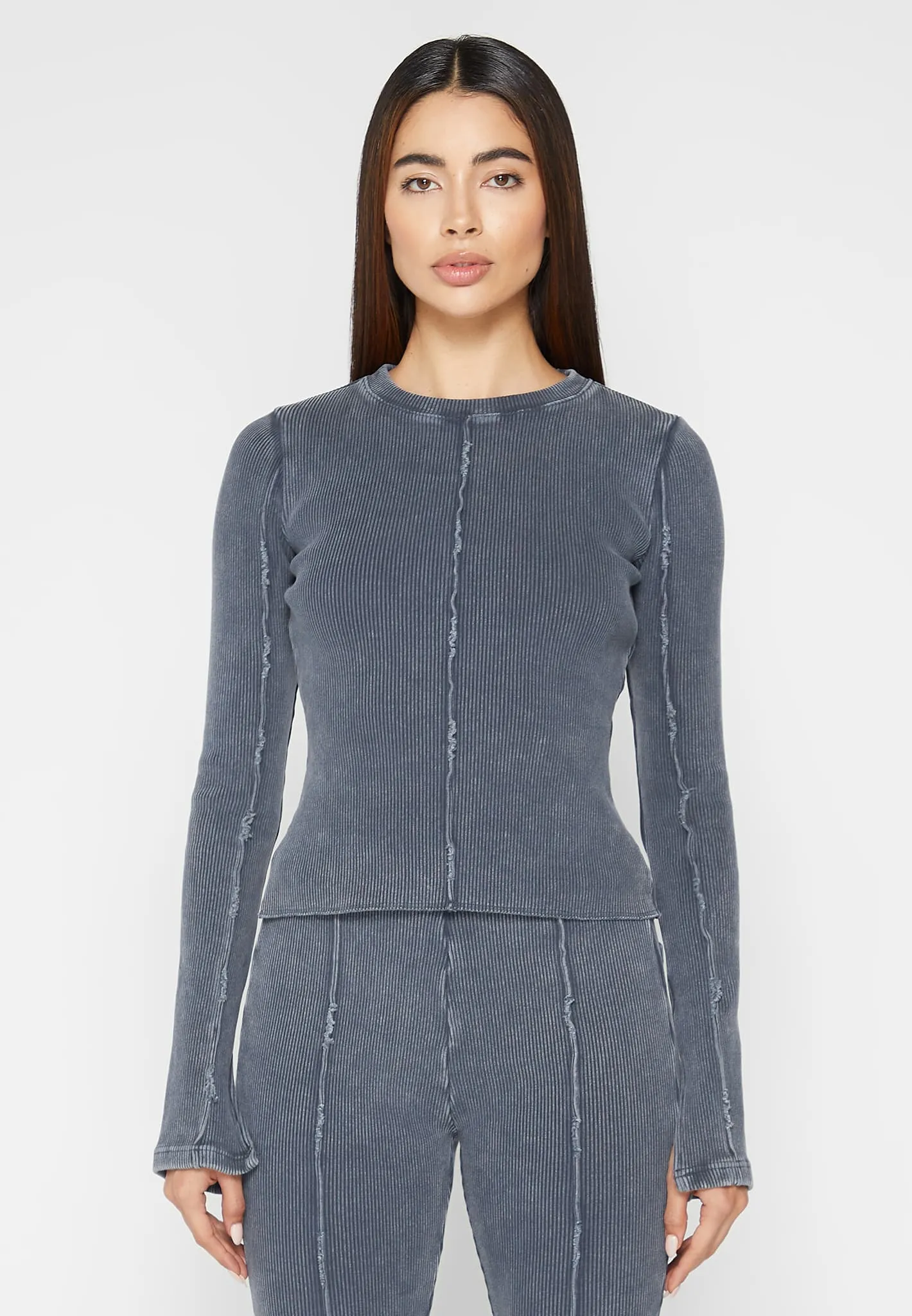 Ribbed Long Sleeve Top - Washed Blue