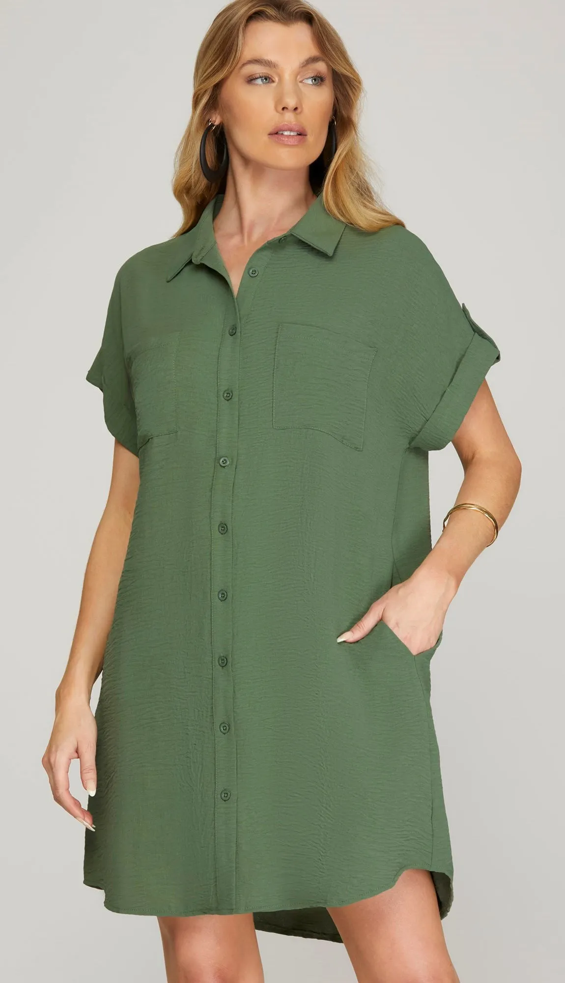 So Good Button Up Shirt Dress- Olive