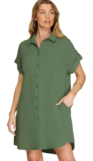 So Good Button Up Shirt Dress- Olive