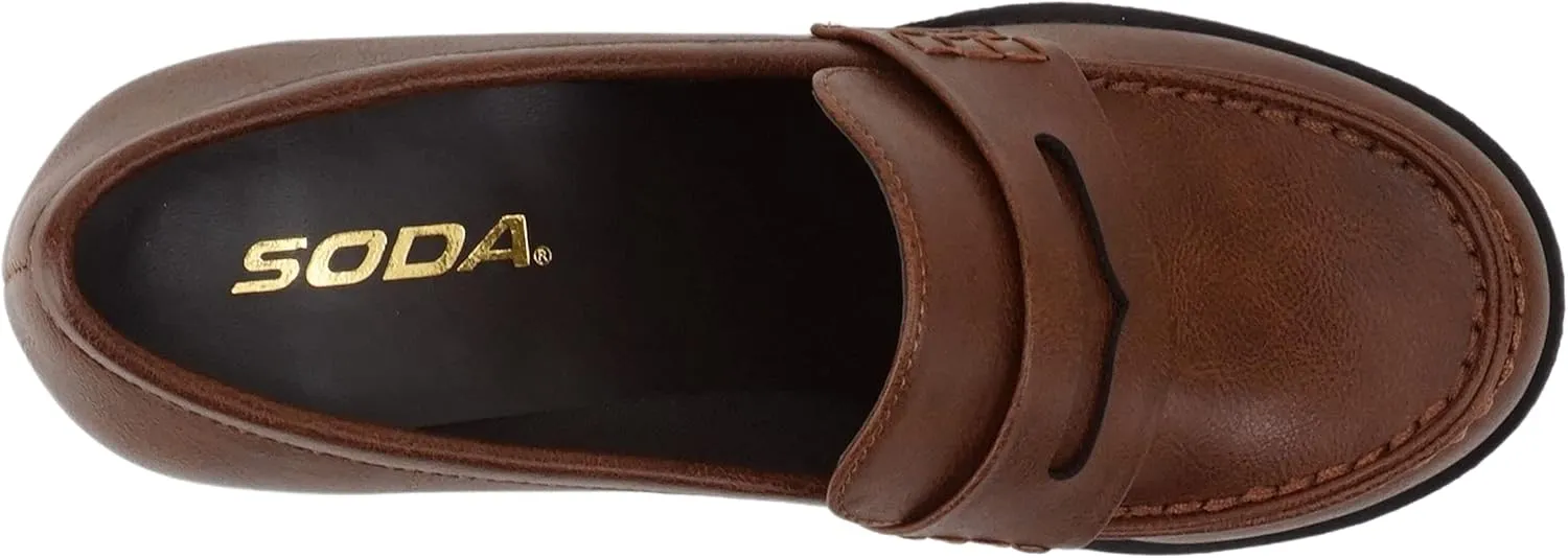 Soda Kinder ~ Women Slip On Chunky Mid Heel Lug Sole Penny Loafer Shoe