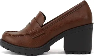 Soda Kinder ~ Women Slip On Chunky Mid Heel Lug Sole Penny Loafer Shoe