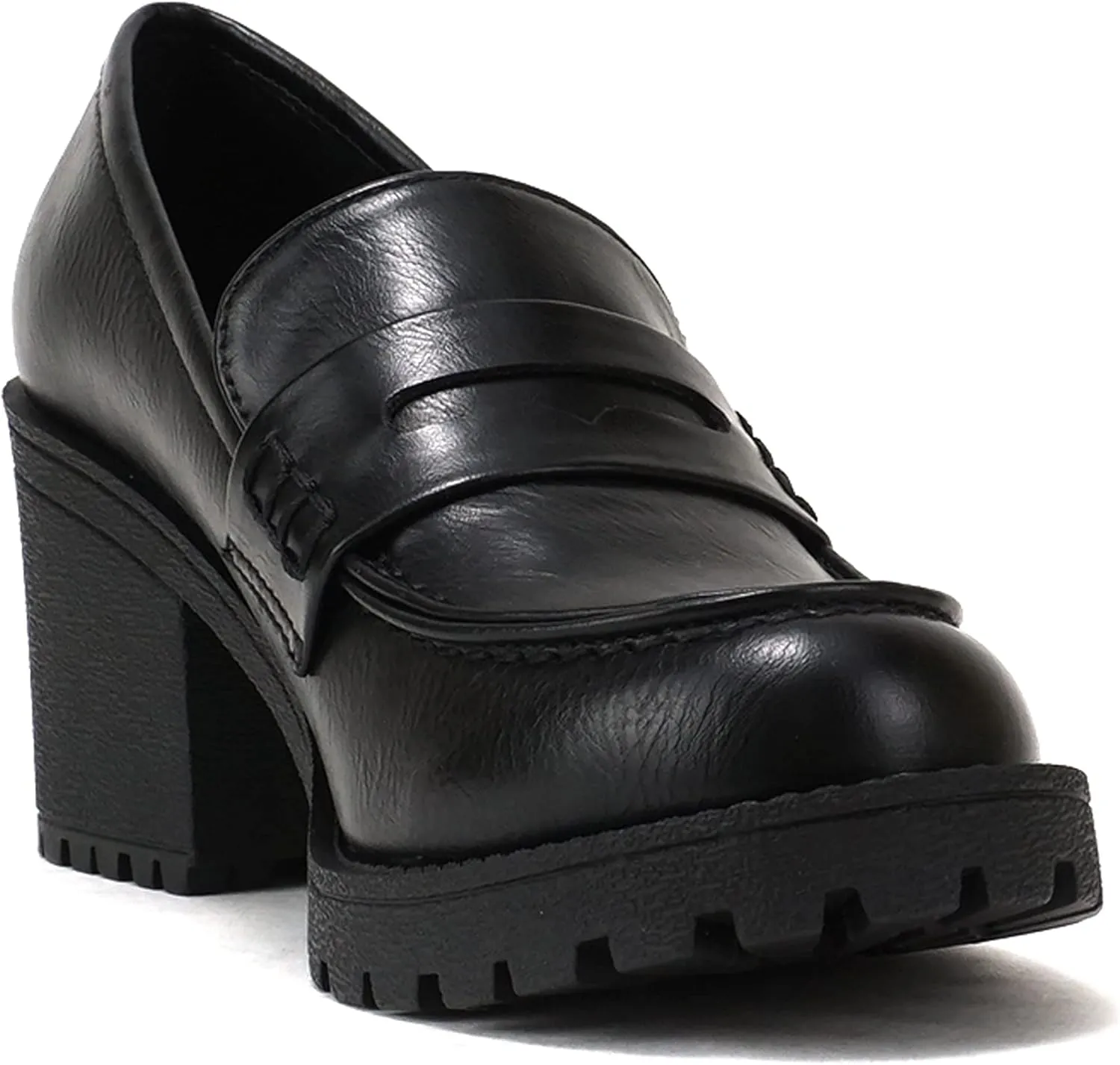 Soda Kinder ~ Women Slip On Chunky Mid Heel Lug Sole Penny Loafer Shoe