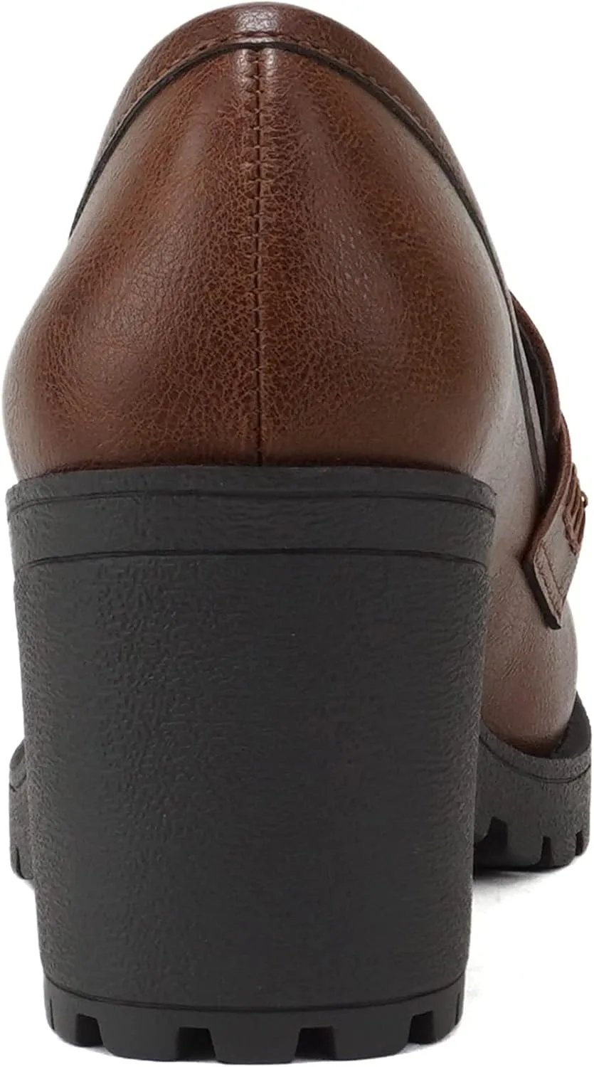 Soda Kinder ~ Women Slip On Chunky Mid Heel Lug Sole Penny Loafer Shoe