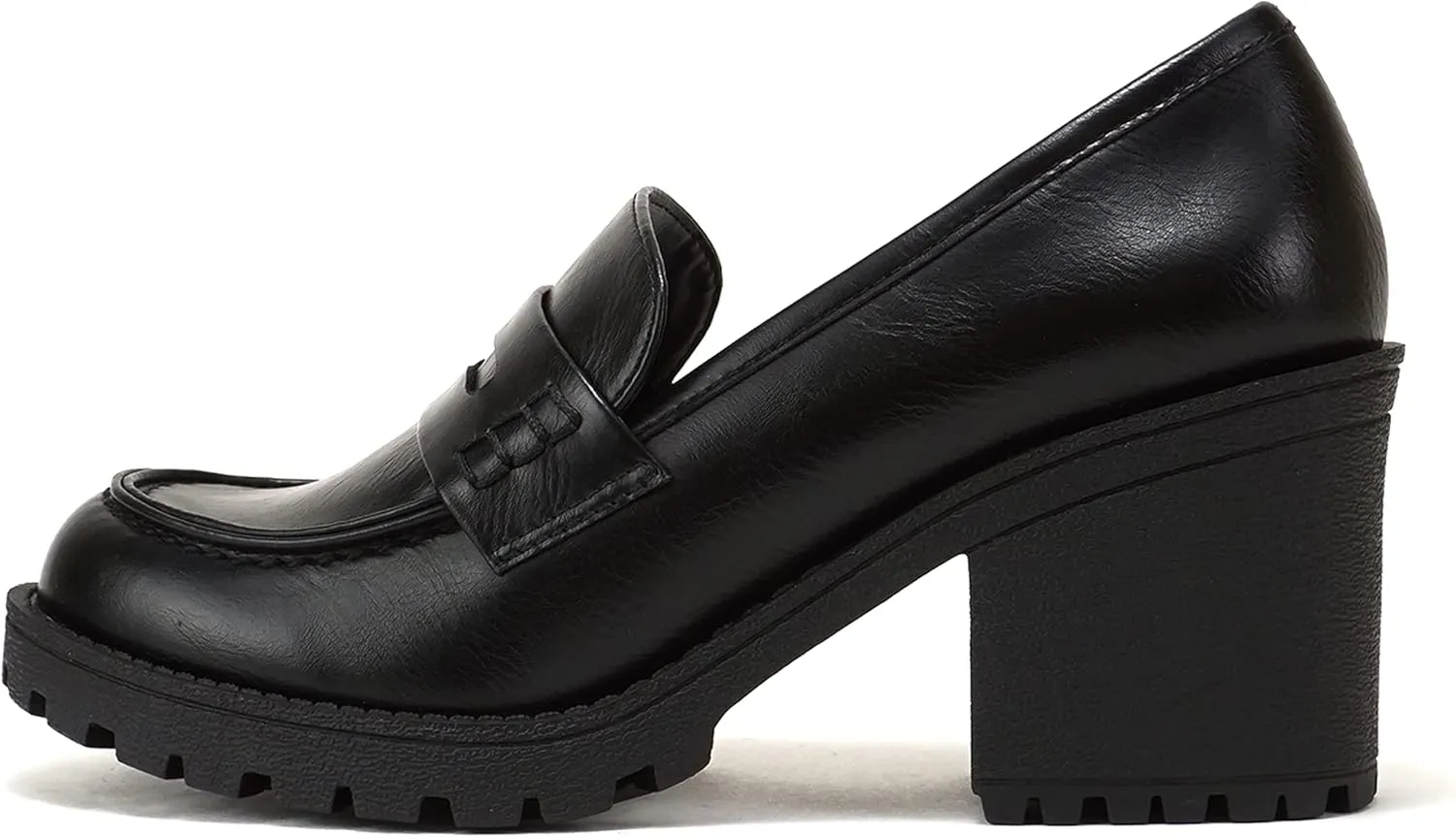 Soda Kinder ~ Women Slip On Chunky Mid Heel Lug Sole Penny Loafer Shoe