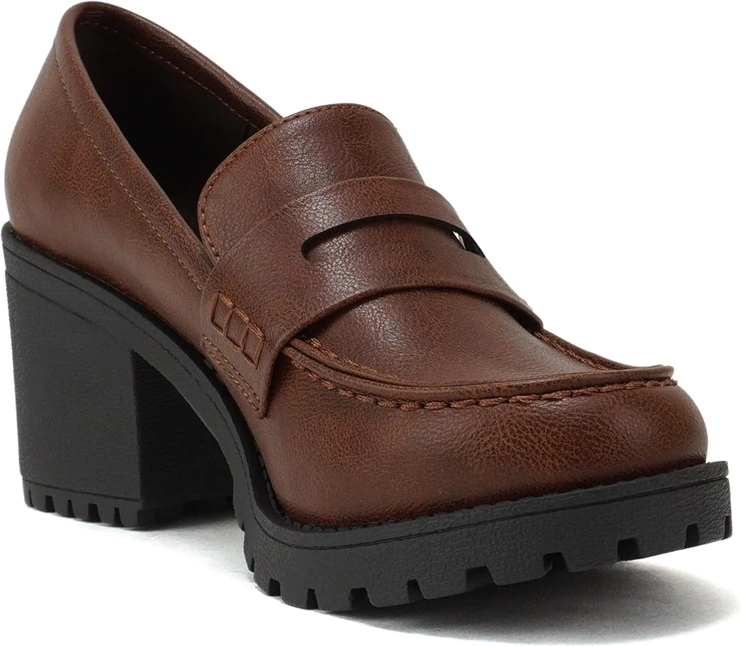 Soda Kinder ~ Women Slip On Chunky Mid Heel Lug Sole Penny Loafer Shoe