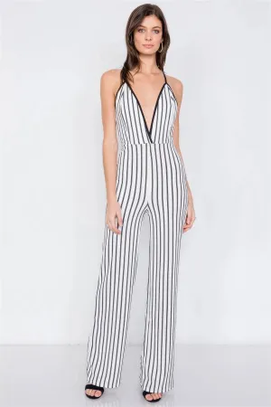 Trim Stripe V-Neck Criss-Cross Strap Back Jumpsuit