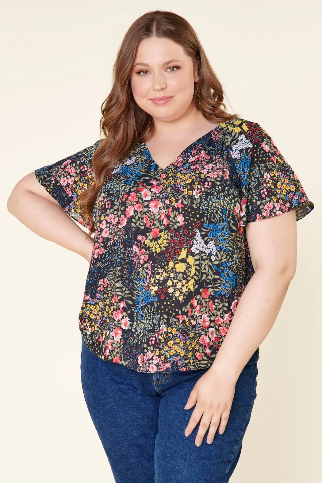 With Grace Floral Flouncy Bell Sleeve Top Curve